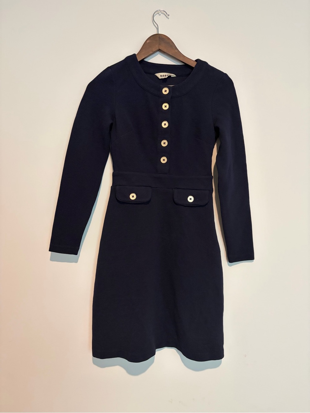 Boden Navy Knit Dress 0R Button Front Mod Preppy Nautical Long Sleeve